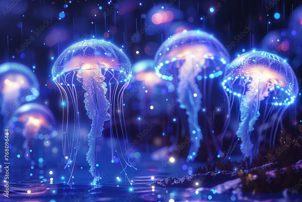 A mesmerizing scene of jellyfish drifting with the gentle ocean currents, lit by the bioluminescent glow of fellow creatures, mediumshot angle, mystical atmosphere, pixel art