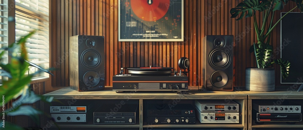 A stylish record player takes center stage, flanked by a set of modern headphones, with a retroinspired poster adorning the wall behind it The entire scene is brought to life in stunning 3D - obrazy, fototapety, plakaty 