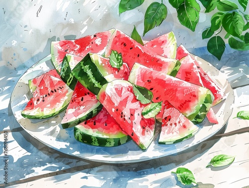 A platter overflowing with refreshing watermelon slices, dappled sunlight filtering through leaves, mediumshot angle, summery atmosphere, watercolor style , High detail, High resolution, photo