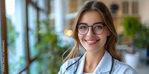 Female doctor smiling in office providing consultation services to patients wearing glasses managing insurance and support services. Concept Healthcare Services, Female Doctor, Consultation photo