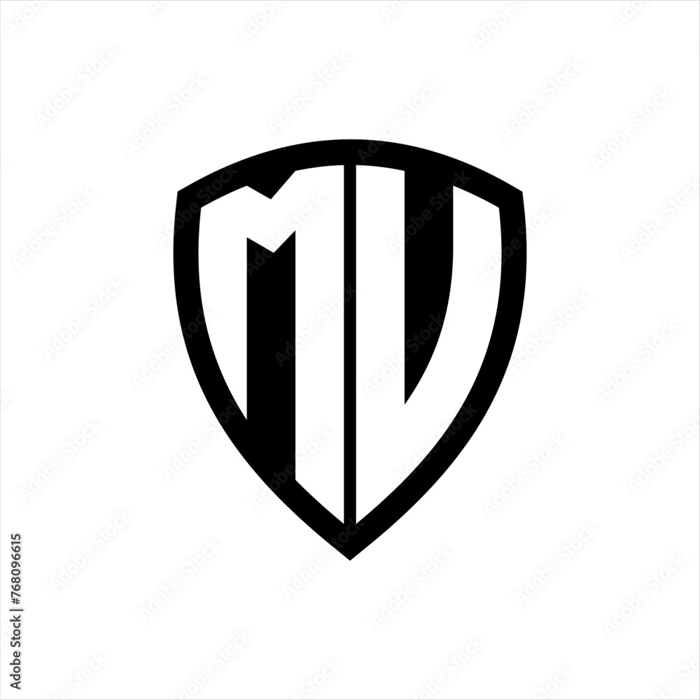 MU monogram logo with bold letters shield shape with black and white color design MU monogram logo with bold letters shield shape with black and white color design