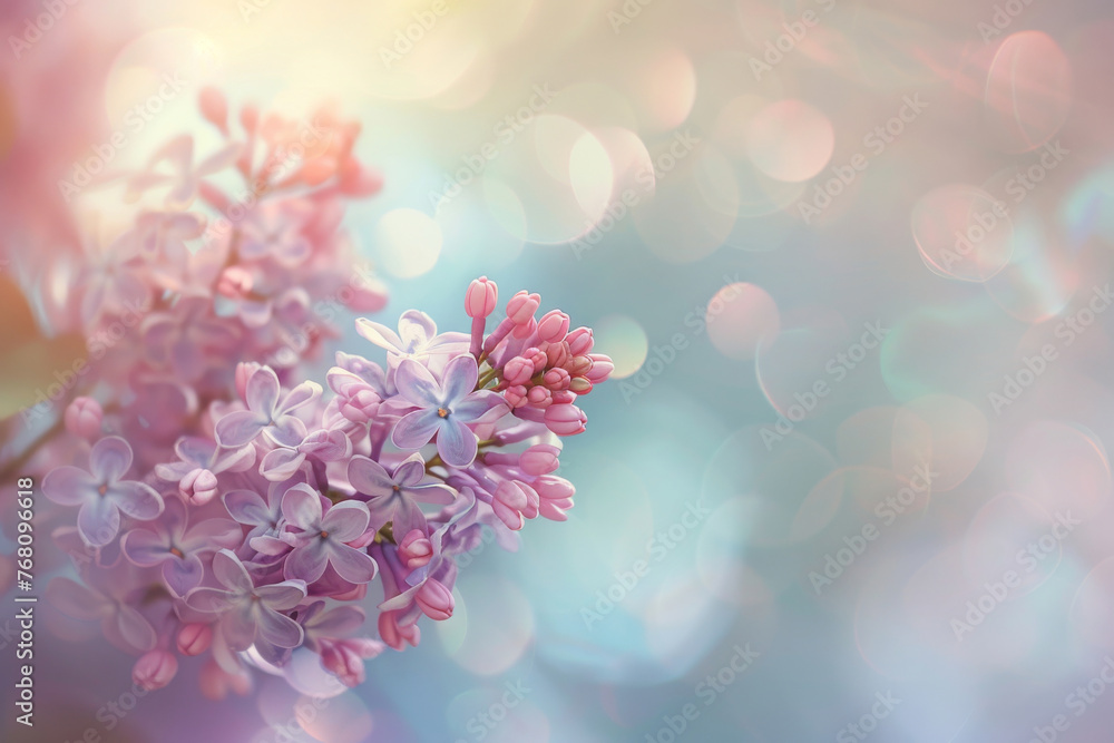 Fototapeta premium Lilacs blooming in a close-up shot on dreamy blurred background, spring season serene background.