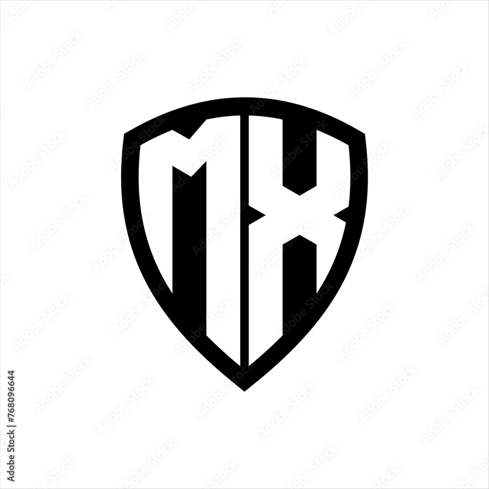 MX monogram logo with bold letters shield shape with black and white color design MX monogram logo with bold letters shield shape with black and white color design
