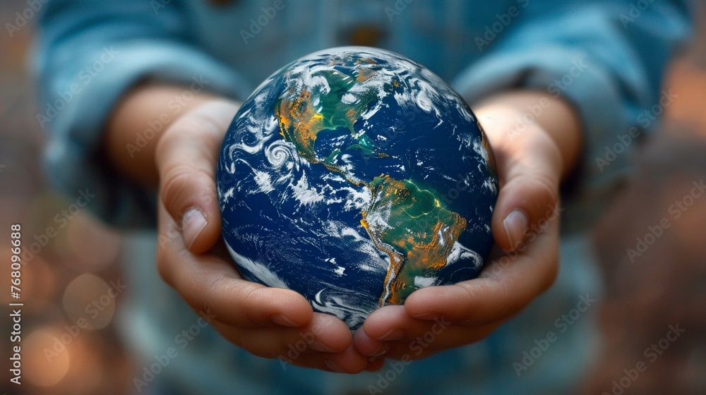 Earth cradled in tender hands, against a soft blue canvas, highlighting the urgency of world protection efforts Earth cradled in tender hands, against a soft blue canvas, highlighting the urgency of world protection efforts