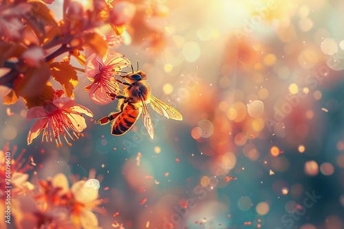 Closeup of a bee hovering near vibrant blossoms, bathed in warm sunlight, split lighting casting dramatic shadows, mediumshot angle, summery mood, pixel art , High detail, High resolution, photo