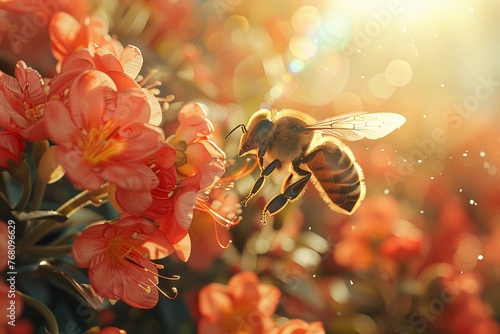 Closeup of a bee hovering near vibrant blossoms, bathed in warm sunlight, split lighting casting dramatic shadows, mediumshot angle, summery mood, pixel art , High detail, High resolution, photo