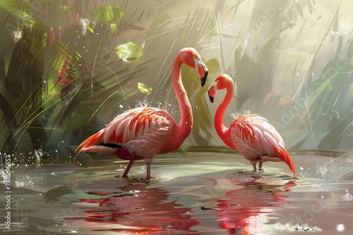 Flamingos gracefully wading in shallow waters  their pink feathers reflecting in the sunlight  wideangle view  tropical vibe  digital painting   High detail  High resolution 