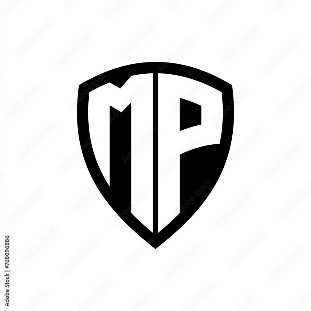 MP monogram logo with bold letters shield shape with black and white color design MP monogram logo with bold letters shield shape with black and white color design