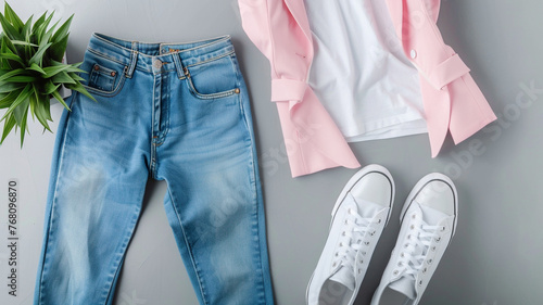 White flying cotton T-shirt, blue jeans, white leather sneakers, fashionable pink blazer jacket isolated on gray background. Clean Branding clothes. Mock up for your design. Spring Summer Clothing.