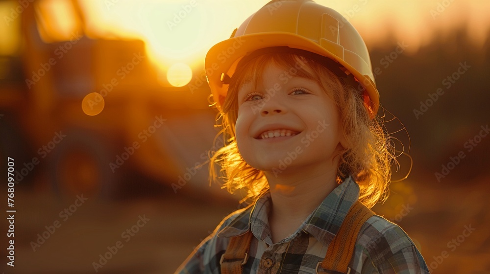 Joyful child dressed as builder, golden hour, medium shot, high detail Joyful child dressed as builder, golden hour, medium shot, high detail
