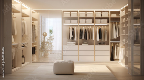 Modern luxury stylish white walk in closet feminine dressing room, minimal walk in wardrobe interior design