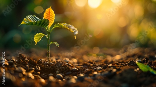 Lightly roasted coffee beans on fertile ground, new sprout at heart, golden hour lighting, closeup, life s cycle