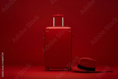 a red suitcase and hat