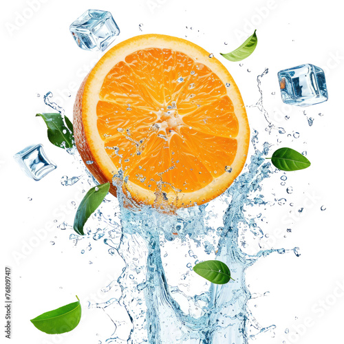 one levitating orange slice with leaves  ice cubes and water splash on white isolated background