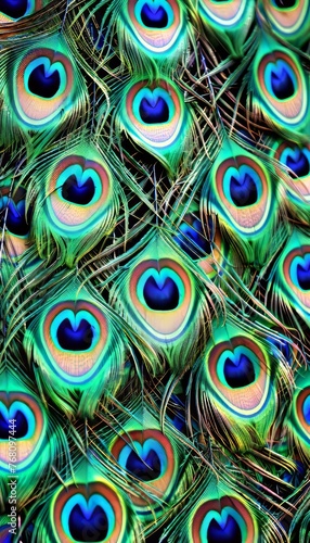 Intricate close up photos showcasing colorful peacock feathers for an exquisite background © Ilja
