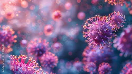 Closeup of vibrant virus particles, soft focus, under a microscope, cool tones, low light