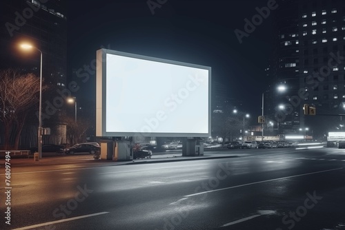 Closeup white blank copy space at billboard on city view in night background