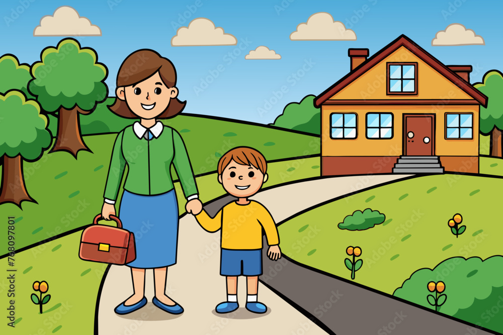 mom and son go to the school on on the village road mom and son go to the school on on the village road