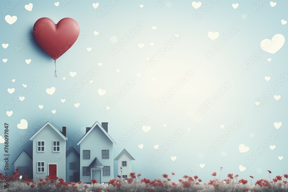 Card template cute house on blurred soft blue and white color heart background for cute and relax design Card template cute house on blurred soft blue and white color heart background for cute and relax design