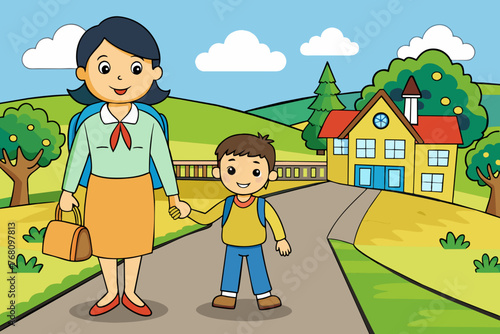 mom and son go to the school on on the village road 
