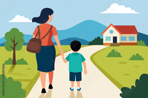 mom and son go to the school on on the village road 