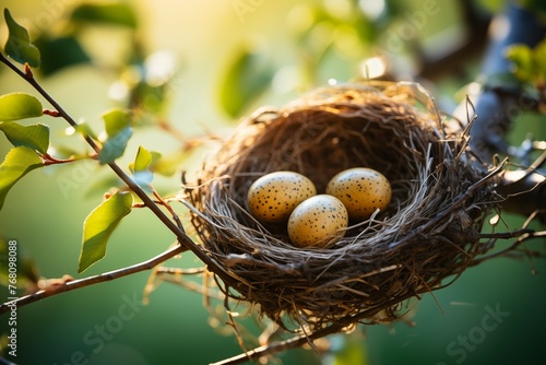 closeup bird nest on branch of tree with bird eggs on tree background