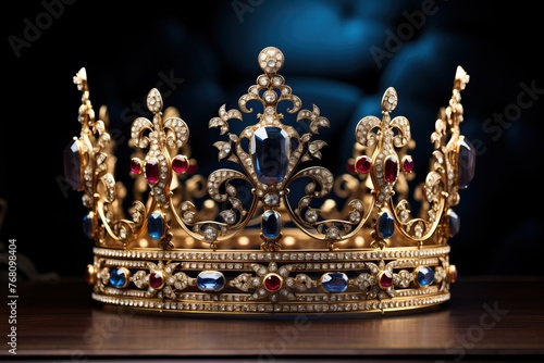 Golden crown inlaid with precious stones isolated on a black background. Royal decoration