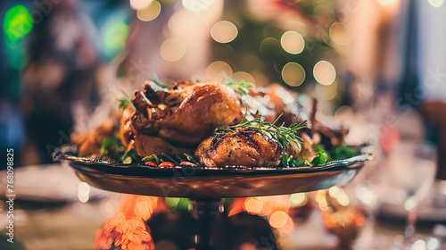 prato de frango assado em um mesa no fundo desfocado