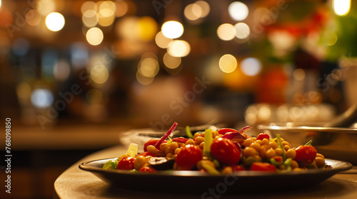 prato de feijão temperado em um mesa no fundo desfocado