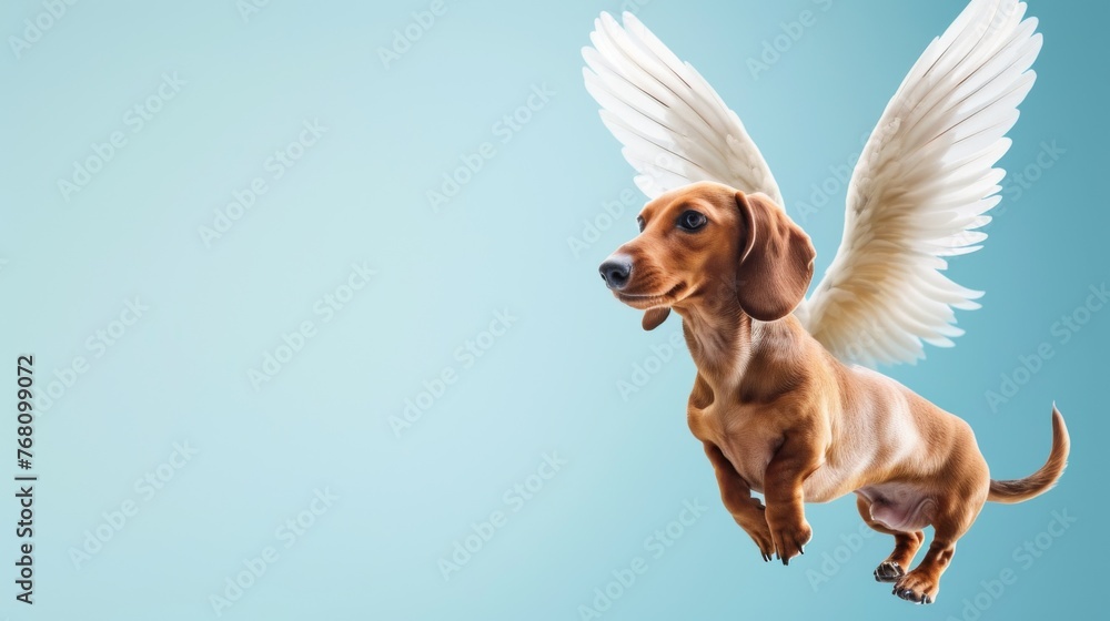 Naklejka premium A playful image capturing a flying dachshund with outstretched wings mid-flight, against a calming blue backdrop