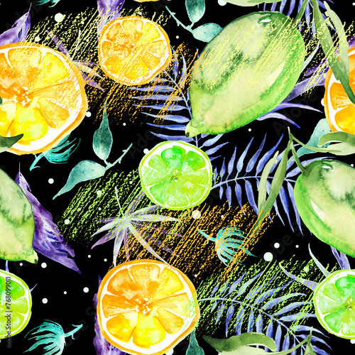 seamless watercolor pattern - hand drawing threads of lemon, Orange, lime  with leaves. Trendy pattern. Painting
Citrus fruits. orange slice, lemon. Branch with citrus fruit. Citrus art background