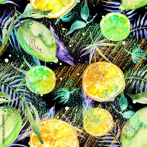 seamless watercolor pattern - hand drawing threads of lemon, Orange, lime  with leaves. Trendy pattern. Painting
Citrus fruits. orange slice, lemon. Branch with citrus fruit. Citrus art background