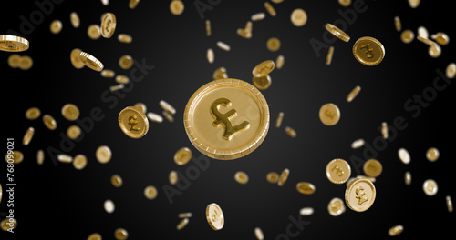 Gold coins with British pound sterling symbol falling down - 3D Render