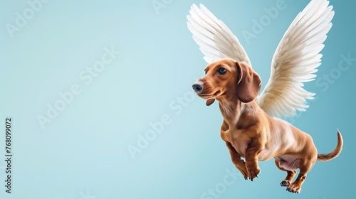 A playful image capturing a flying dachshund with outstretched wings mid-flight, against a calming blue backdrop