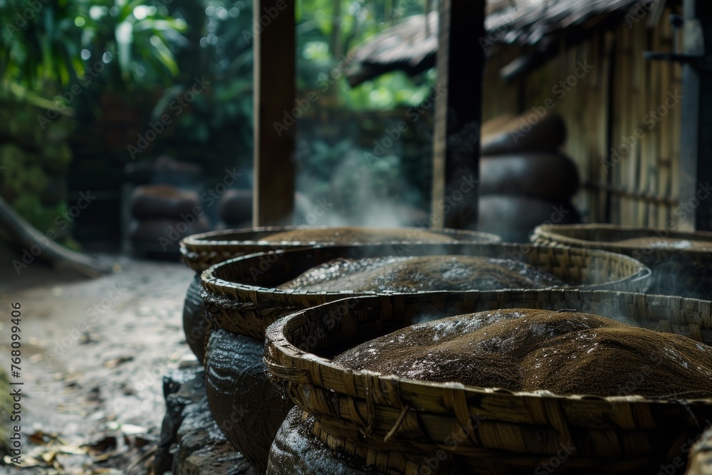 Traditional method of coffee fermentation, showcasing the natural process in a rustic setting Traditional method of coffee fermentation, showcasing the natural process in a rustic setting