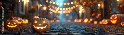 Halloween block party, costumes and jackolanterns, playful frights, night, festive spirit , vibrant