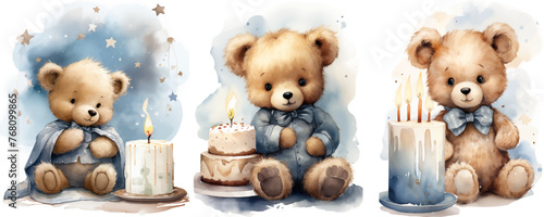 Watercolor bear with wearing a dress flowers, clipart with cake, balloons, blue tone, birthday party
