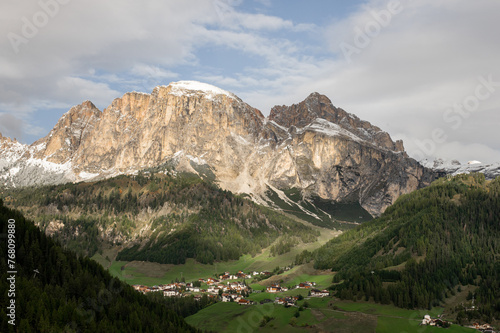 Scenic view on the valley and mountains on the road to the Sella Pass in Dolomites, South Tyrol (Sudtirol, Alto Adige), Italy.