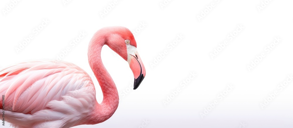 Fototapeta premium A pink flamingo is standing gracefully on top of a vibrant, lush green field under the clear sky, showcasing its elegant stature in the natural habitat.