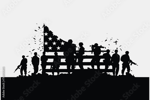 A troop of soldiers silhouette vector, simple designed military man in black and white, warrior in the war. ,America flag and soldiers vector drawing