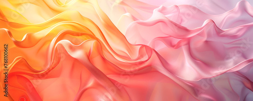 A vivid illustration featuring undulating waves of silk fabric in a warm gradient of pink to yellow.