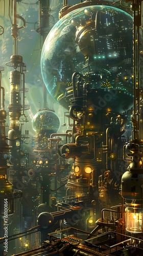 Steampunk Industrial Fantasy Intricate Brass and Jade Mechanism in Otherworldly Factory