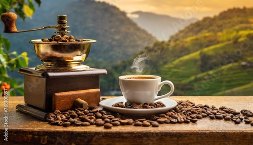 Coffee beans on a wooden table with a wonderful landscape with a coffee machine, cat, dog, steam, smell