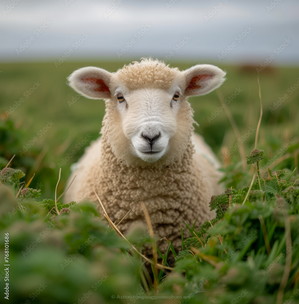 Sheep looks at the camera from field