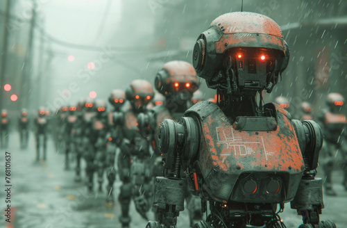 Military robot marching through the city. Original illustration. © Vadim