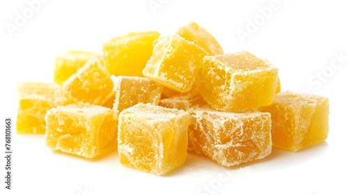 Sugared yellow ginger cubes isolated on white background,