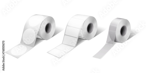 Label sticker roll. Vector mock-up set. Blank adhesive rectangular (clear and opaque) and round labels on bobbin mockup. Template for design