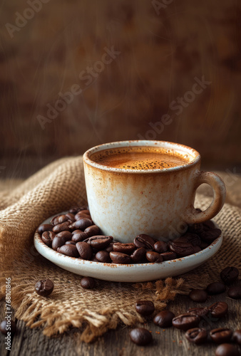 Coffee cup and coffee beans on wooden table dark background