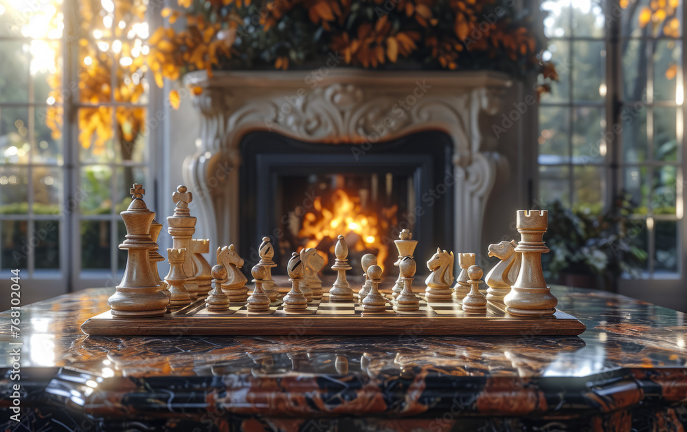 Chess board and pieces on table in front of fireplace Chess board and pieces on table in front of fireplace