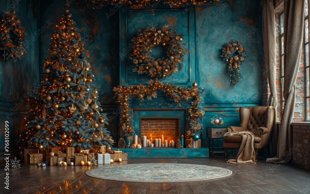 Christmas tree with gifts in the interior with fireplace and chair